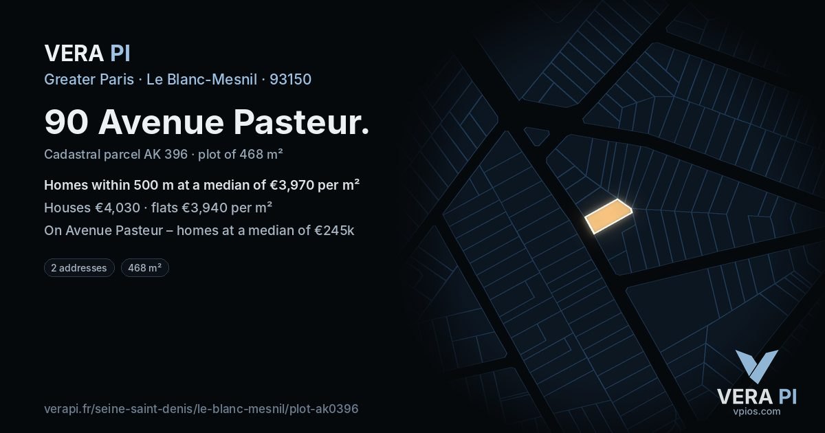 90 Avenue Pasteur, Le Blanc-Mesnil at night – the plot lit, the parcels around coloured by the prices near them