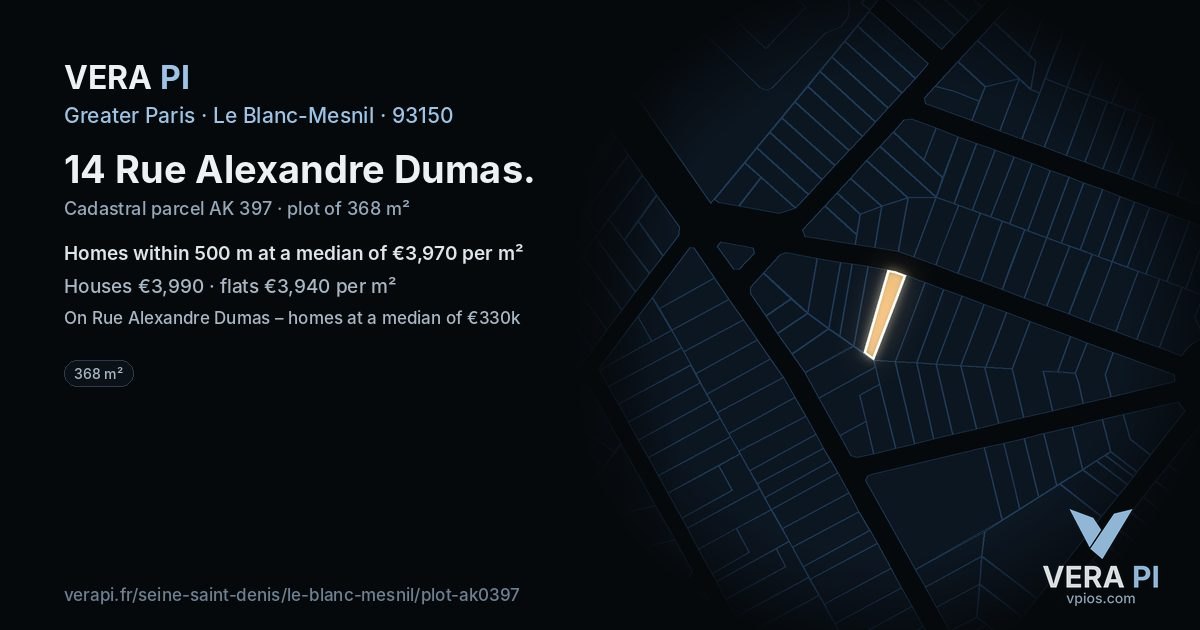 14 Rue Alexandre Dumas, Le Blanc-Mesnil at night – the plot lit, the parcels around coloured by the prices near them