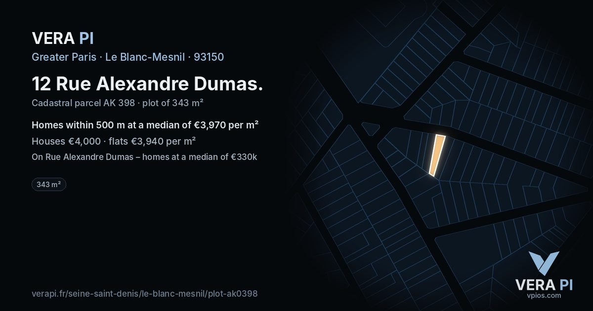 12 Rue Alexandre Dumas, Le Blanc-Mesnil at night – the plot lit, the parcels around coloured by the prices near them