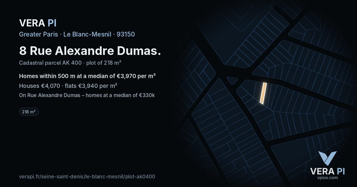 8 Rue Alexandre Dumas, Le Blanc-Mesnil at night – the plot lit, the parcels around coloured by the prices near them