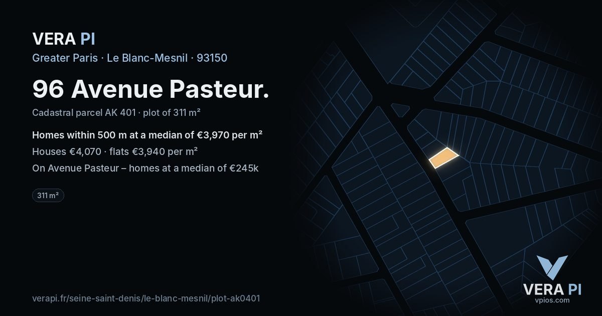 96 Avenue Pasteur, Le Blanc-Mesnil at night – the plot lit, the parcels around coloured by the prices near them