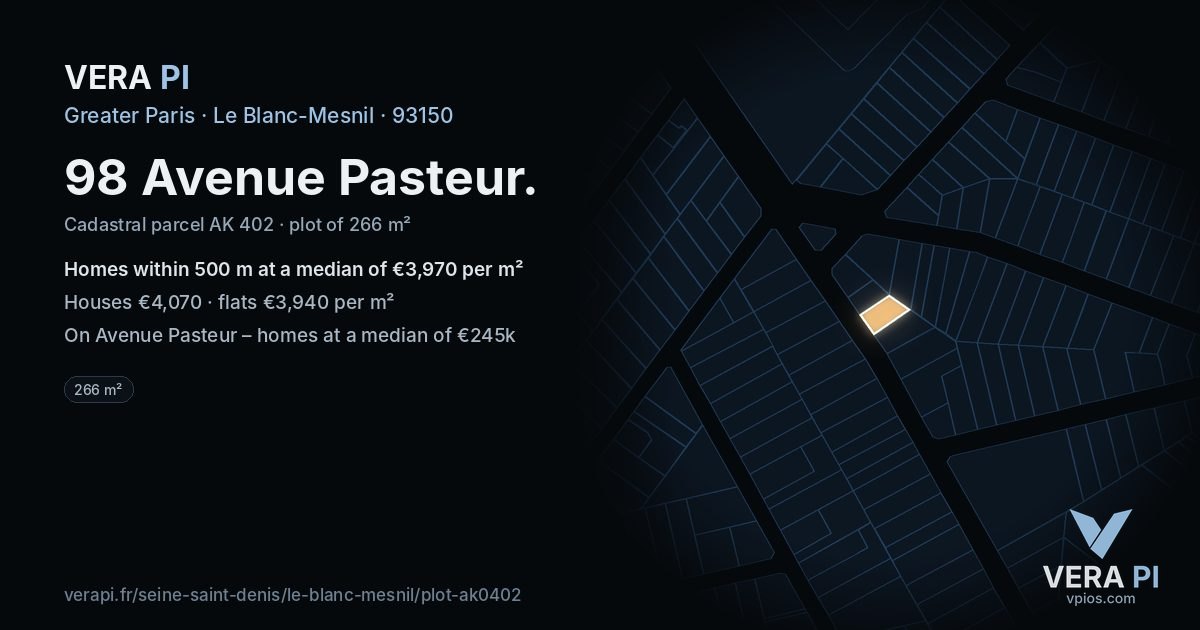 98 Avenue Pasteur, Le Blanc-Mesnil at night – the plot lit, the parcels around coloured by the prices near them