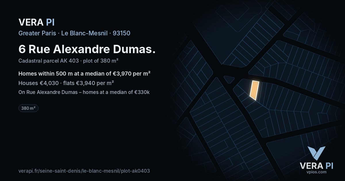 6 Rue Alexandre Dumas, Le Blanc-Mesnil at night – the plot lit, the parcels around coloured by the prices near them