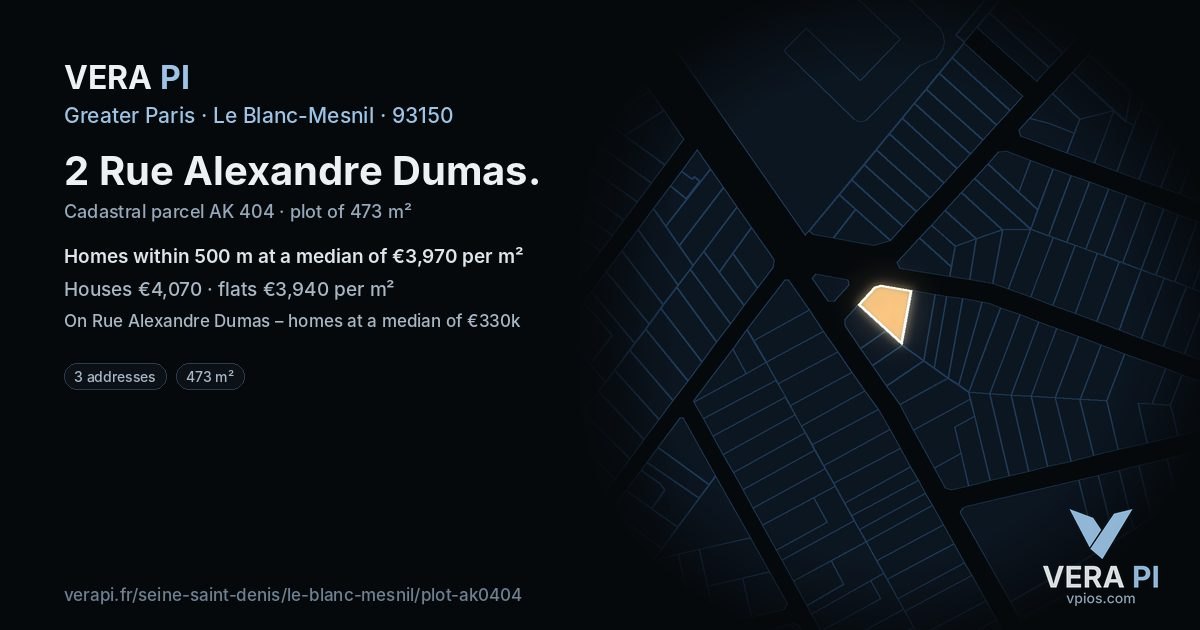2 Rue Alexandre Dumas, Le Blanc-Mesnil at night – the plot lit, the parcels around coloured by the prices near them