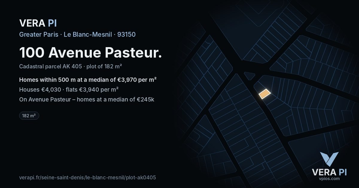 100 Avenue Pasteur, Le Blanc-Mesnil at night – the plot lit, the parcels around coloured by the prices near them