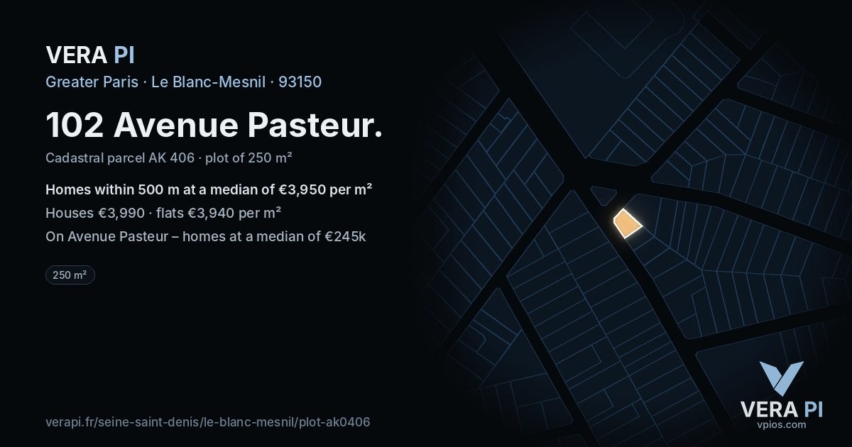 102 Avenue Pasteur, Le Blanc-Mesnil at night – the plot lit, the parcels around coloured by the prices near them
