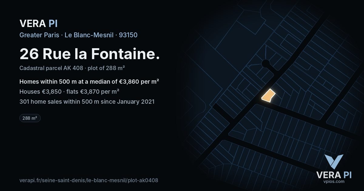 26 Rue la Fontaine, Le Blanc-Mesnil at night – the plot lit, the parcels around coloured by the prices near them