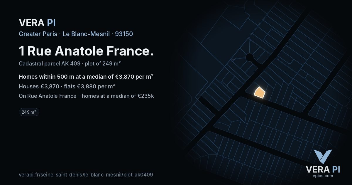 1 Rue Anatole France, Le Blanc-Mesnil at night – the plot lit, the parcels around coloured by the prices near them