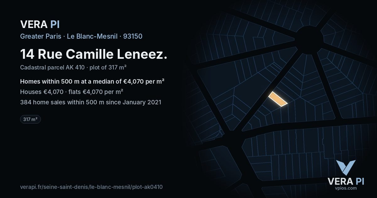14 Rue Camille Leneez, Le Blanc-Mesnil at night – the plot lit, the parcels around coloured by the prices near them