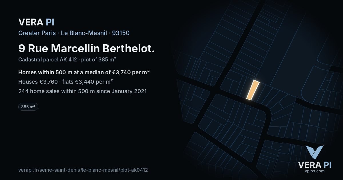 9 Rue Marcellin Berthelot, Le Blanc-Mesnil at night – the plot lit, the parcels around coloured by the prices near them