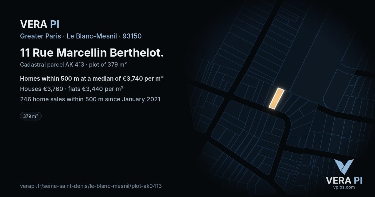 11 Rue Marcellin Berthelot, Le Blanc-Mesnil at night – the plot lit, the parcels around coloured by the prices near them