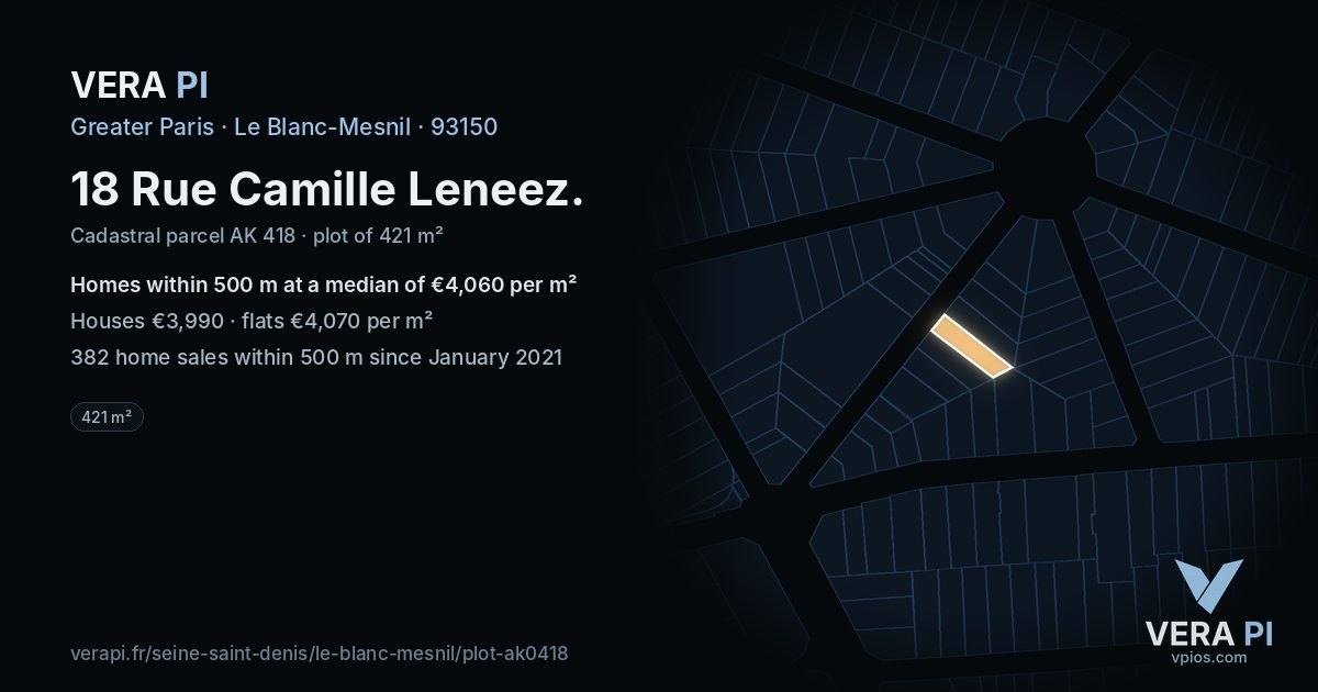 18 Rue Camille Leneez, Le Blanc-Mesnil at night – the plot lit, the parcels around coloured by the prices near them