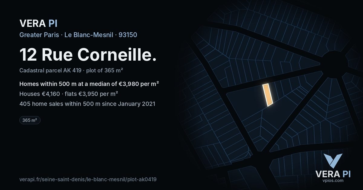12 Rue Corneille, Le Blanc-Mesnil at night – the plot lit, the parcels around coloured by the prices near them