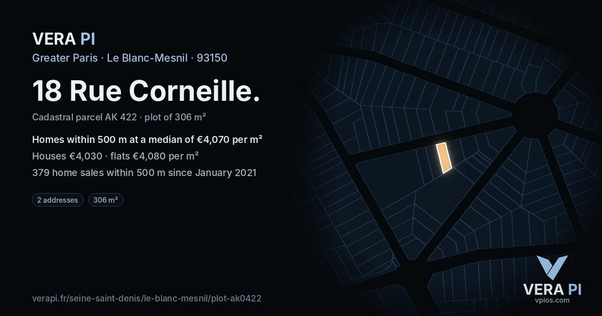 18 Rue Corneille, Le Blanc-Mesnil at night – the plot lit, the parcels around coloured by the prices near them