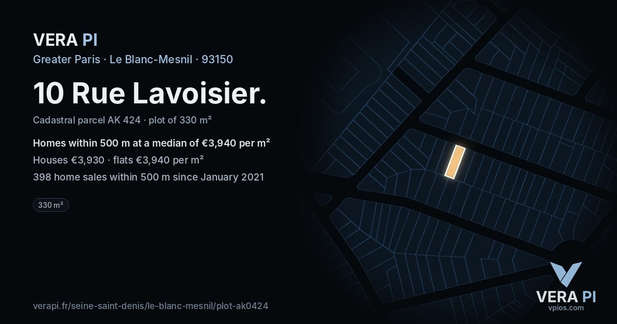 10 Rue Lavoisier, Le Blanc-Mesnil at night – the plot lit, the parcels around coloured by the prices near them