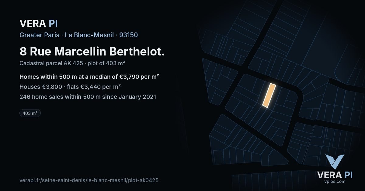 8 Rue Marcellin Berthelot, Le Blanc-Mesnil at night – the plot lit, the parcels around coloured by the prices near them