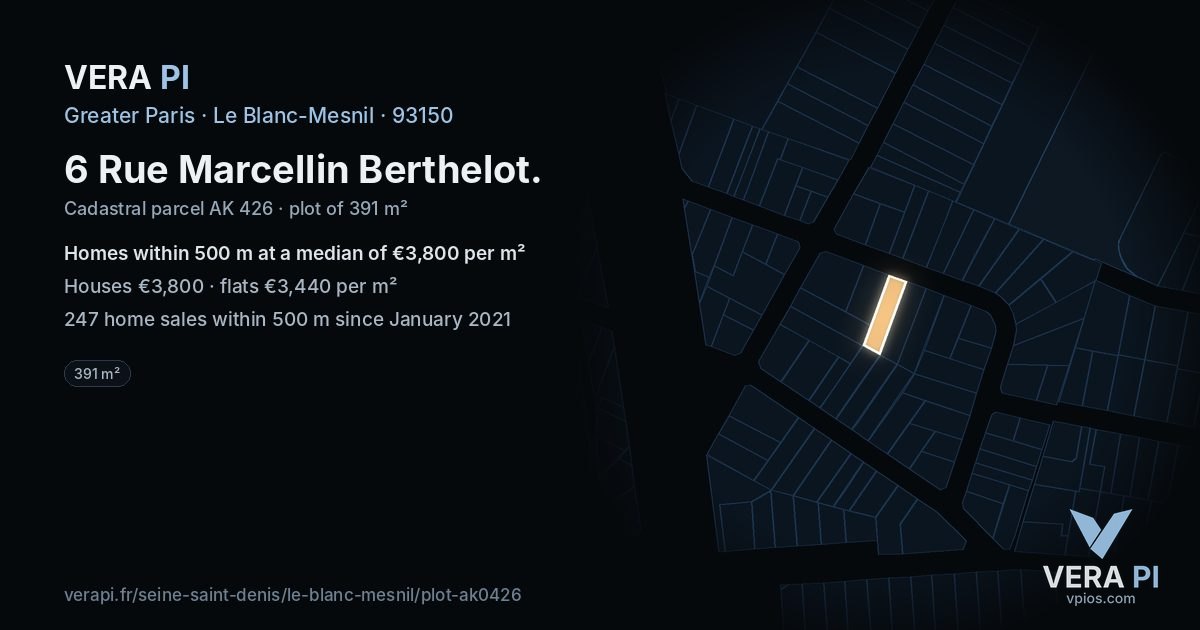 6 Rue Marcellin Berthelot, Le Blanc-Mesnil at night – the plot lit, the parcels around coloured by the prices near them