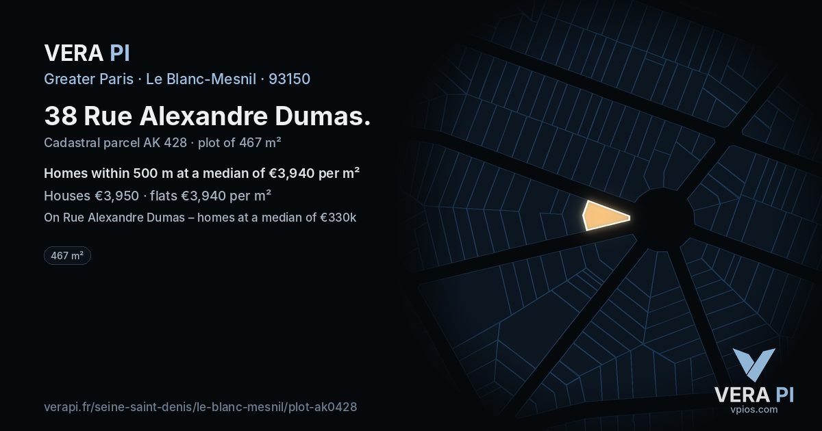 38 Rue Alexandre Dumas, Le Blanc-Mesnil at night – the plot lit, the parcels around coloured by the prices near them