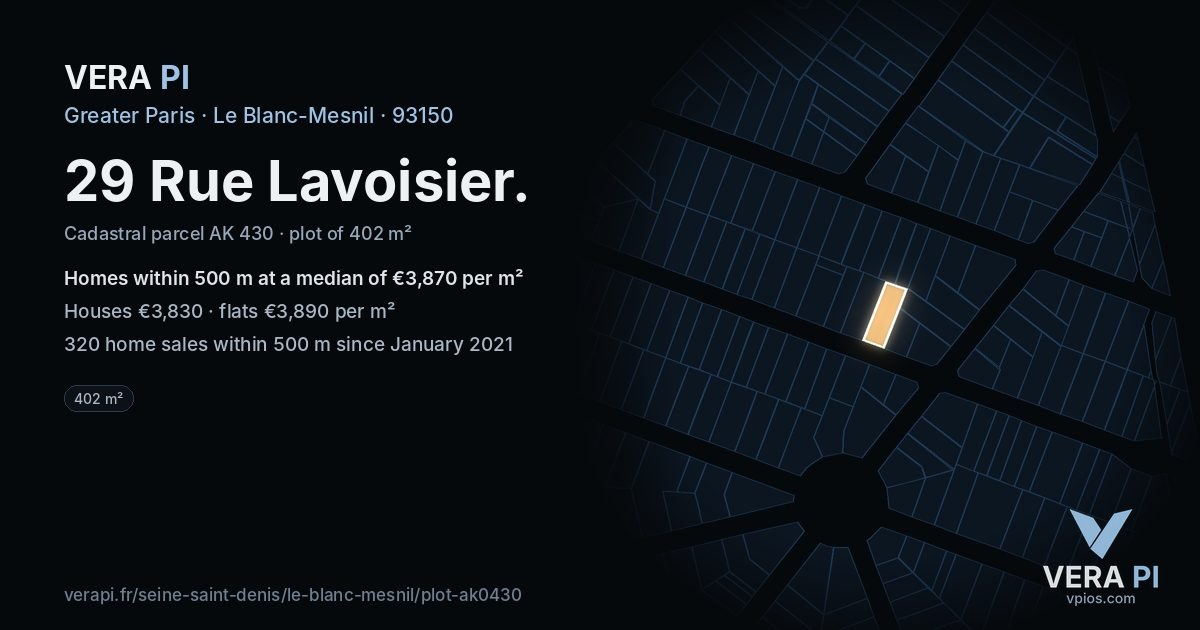 29 Rue Lavoisier, Le Blanc-Mesnil at night – the plot lit, the parcels around coloured by the prices near them