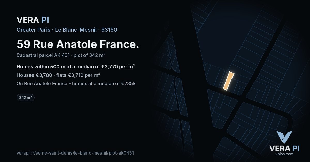 59 Rue Anatole France, Le Blanc-Mesnil at night – the plot lit, the parcels around coloured by the prices near them