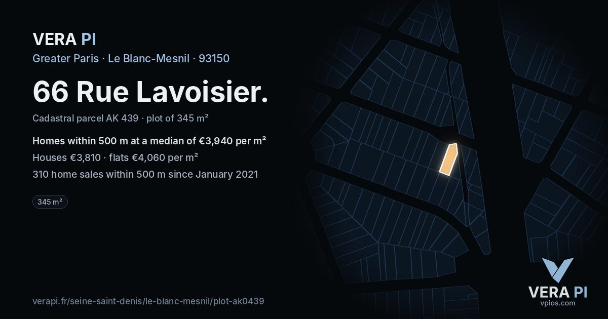 66 Rue Lavoisier, Le Blanc-Mesnil at night – the plot lit, the parcels around coloured by the prices near them