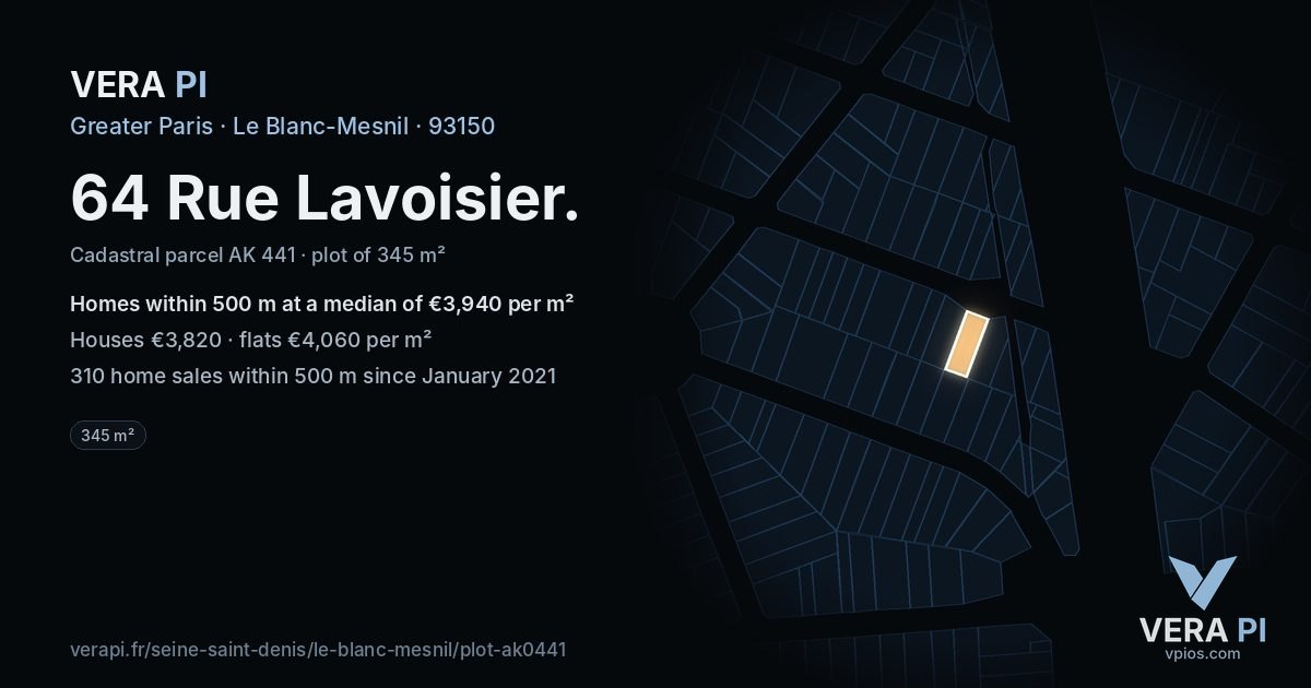 64 Rue Lavoisier, Le Blanc-Mesnil at night – the plot lit, the parcels around coloured by the prices near them