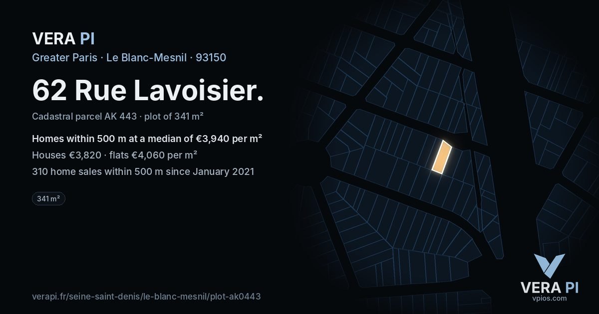 62 Rue Lavoisier, Le Blanc-Mesnil at night – the plot lit, the parcels around coloured by the prices near them