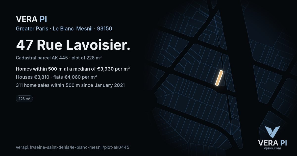 47 Rue Lavoisier, Le Blanc-Mesnil at night – the plot lit, the parcels around coloured by the prices near them