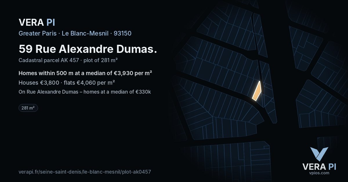 59 Rue Alexandre Dumas, Le Blanc-Mesnil at night – the plot lit, the parcels around coloured by the prices near them