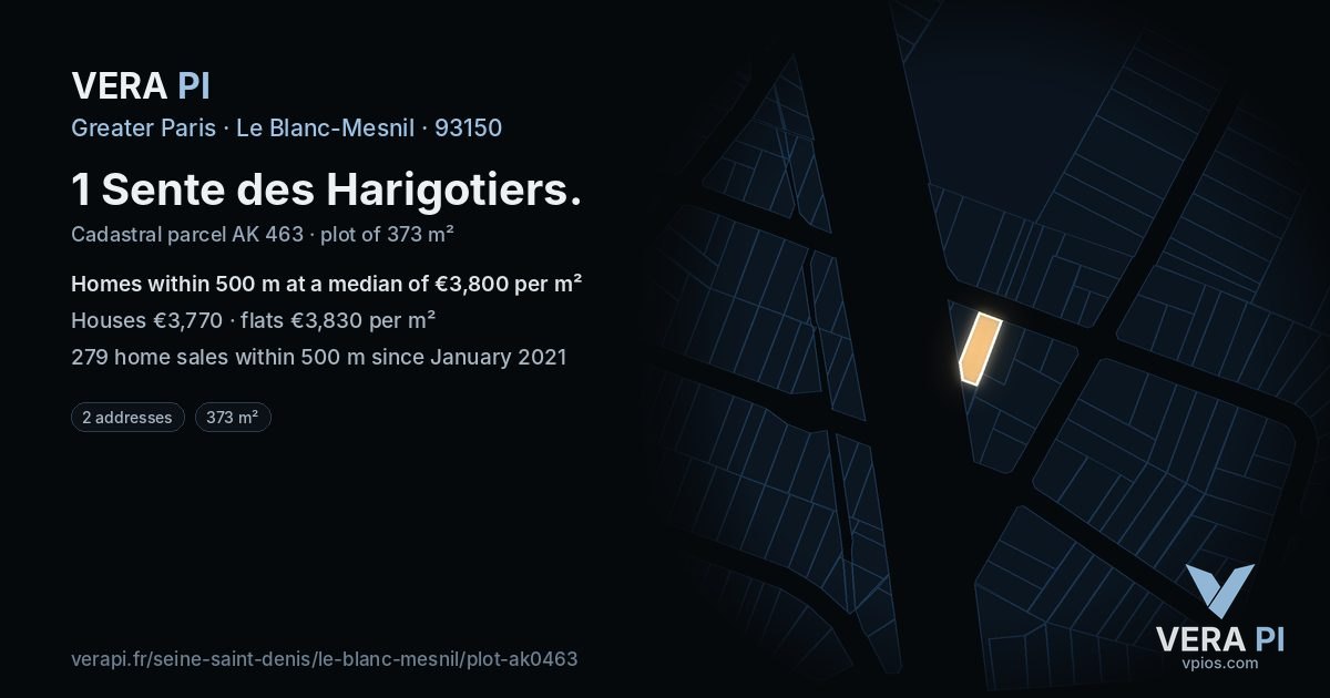 1 Sente des Harigotiers, Le Blanc-Mesnil at night – the plot lit, the parcels around coloured by the prices near them