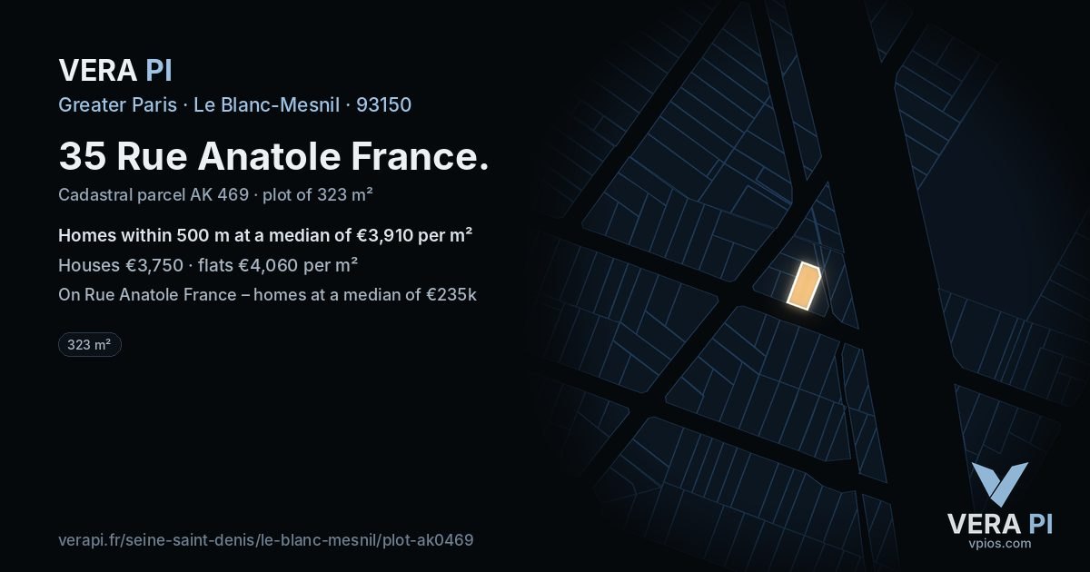 35 Rue Anatole France, Le Blanc-Mesnil at night – the plot lit, the parcels around coloured by the prices near them