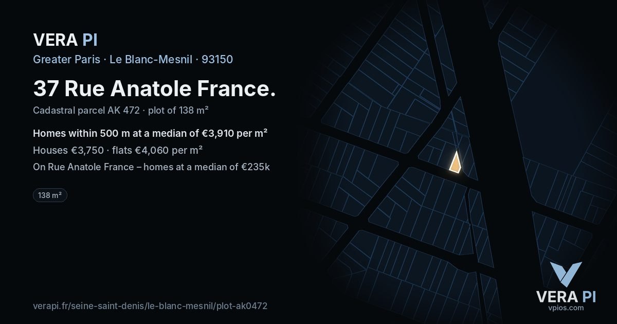 37 Rue Anatole France, Le Blanc-Mesnil at night – the plot lit, the parcels around coloured by the prices near them