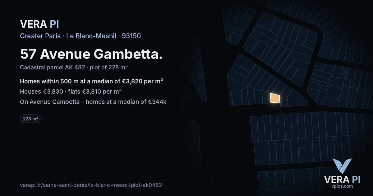 57 Avenue Gambetta, Le Blanc-Mesnil at night – the plot lit, the parcels around coloured by the prices near them