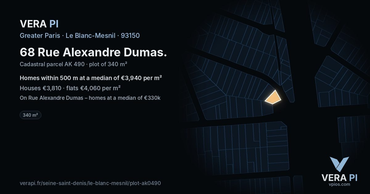 68 Rue Alexandre Dumas, Le Blanc-Mesnil at night – the plot lit, the parcels around coloured by the prices near them