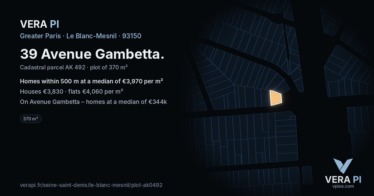 39 Avenue Gambetta, Le Blanc-Mesnil at night – the plot lit, the parcels around coloured by the prices near them