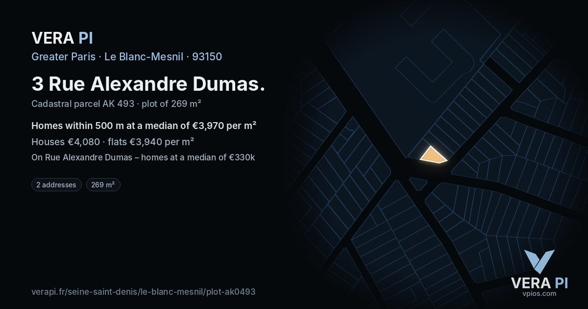 3 Rue Alexandre Dumas, Le Blanc-Mesnil at night – the plot lit, the parcels around coloured by the prices near them