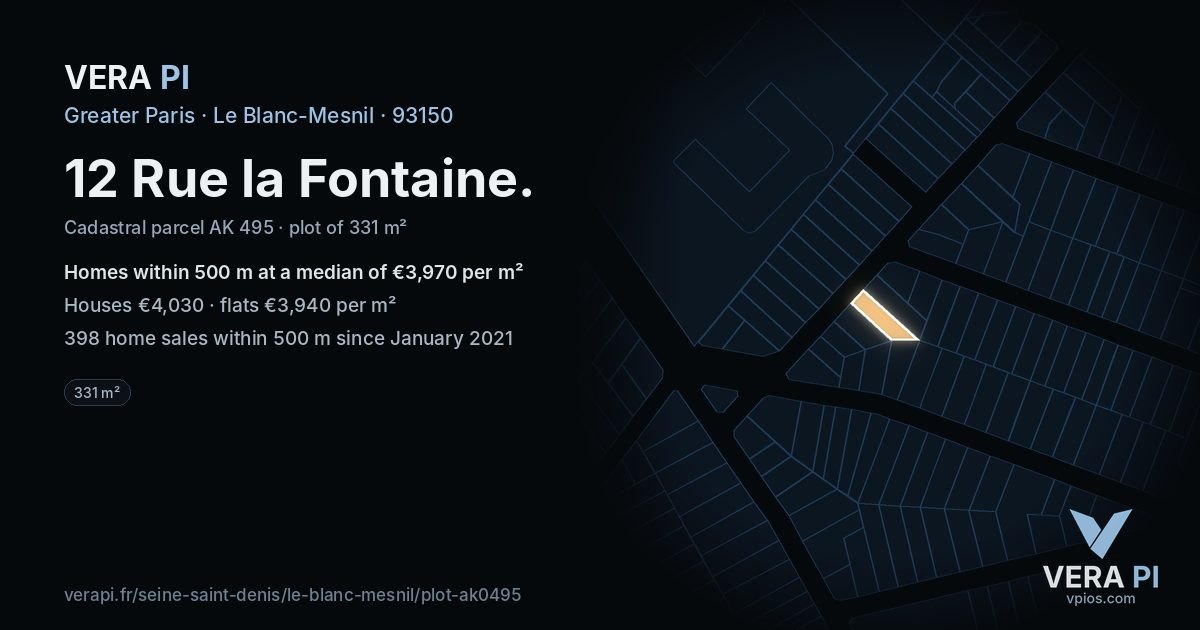 12 Rue la Fontaine, Le Blanc-Mesnil at night – the plot lit, the parcels around coloured by the prices near them