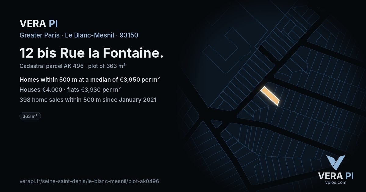 12 bis Rue la Fontaine, Le Blanc-Mesnil at night – the plot lit, the parcels around coloured by the prices near them