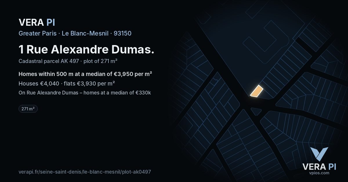 1 Rue Alexandre Dumas, Le Blanc-Mesnil at night – the plot lit, the parcels around coloured by the prices near them