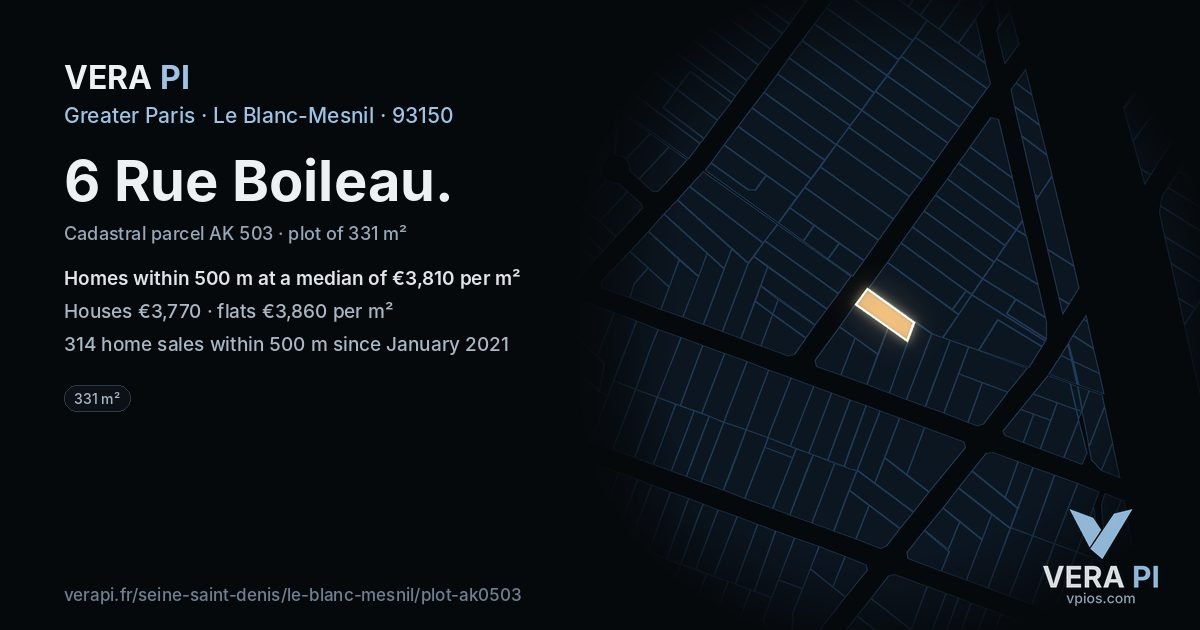 6 Rue Boileau, Le Blanc-Mesnil at night – the plot lit, the parcels around coloured by the prices near them