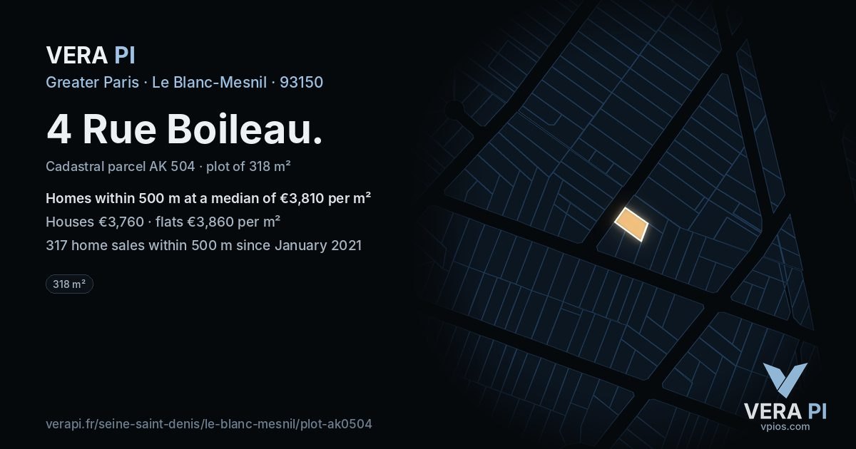4 Rue Boileau, Le Blanc-Mesnil at night – the plot lit, the parcels around coloured by the prices near them