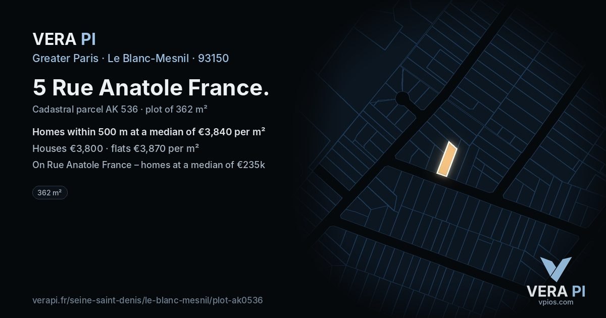 5 Rue Anatole France, Le Blanc-Mesnil at night – the plot lit, the parcels around coloured by the prices near them