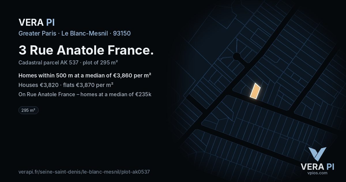 3 Rue Anatole France, Le Blanc-Mesnil at night – the plot lit, the parcels around coloured by the prices near them