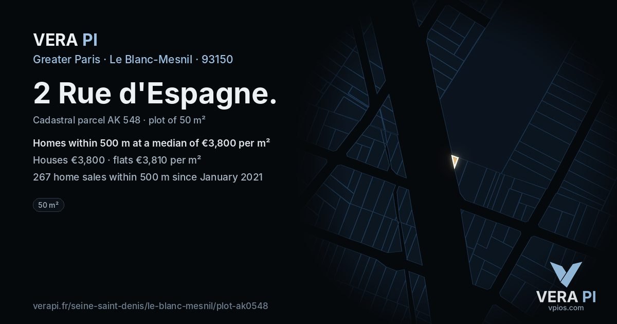 2 Rue d'Espagne, Le Blanc-Mesnil at night – the plot lit, the parcels around coloured by the prices near them
