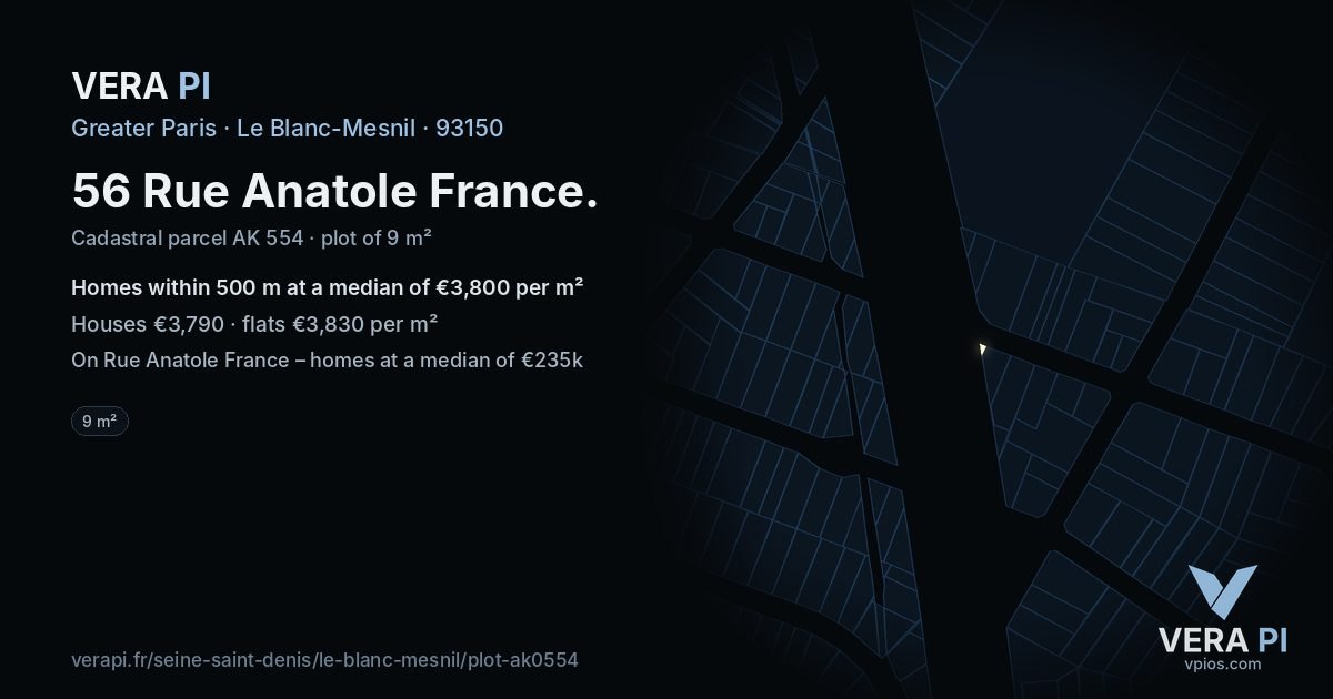 56 Rue Anatole France, Le Blanc-Mesnil at night – the plot lit, the parcels around coloured by the prices near them