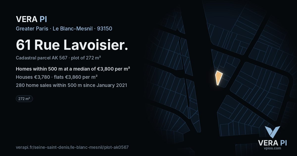 61 Rue Lavoisier, Le Blanc-Mesnil at night – the plot lit, the parcels around coloured by the prices near them