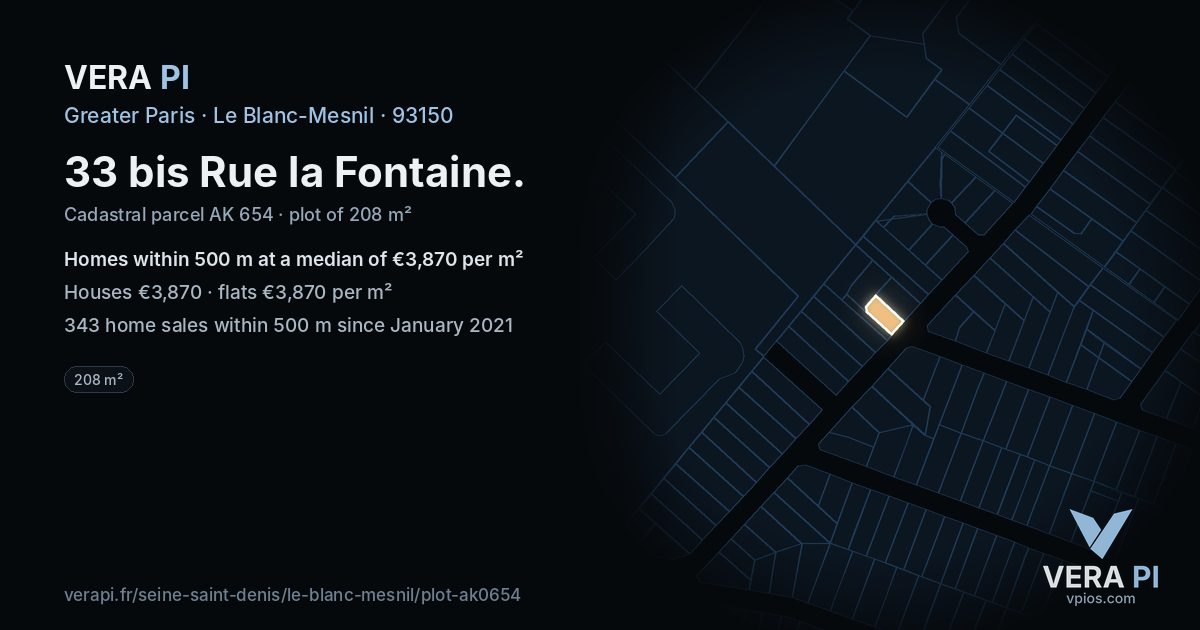 33 bis Rue la Fontaine, Le Blanc-Mesnil at night – the plot lit, the parcels around coloured by the prices near them