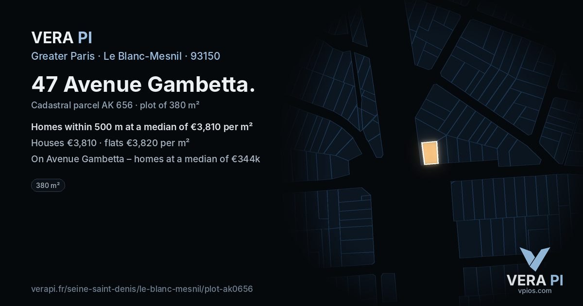 47 Avenue Gambetta, Le Blanc-Mesnil at night – the plot lit, the parcels around coloured by the prices near them