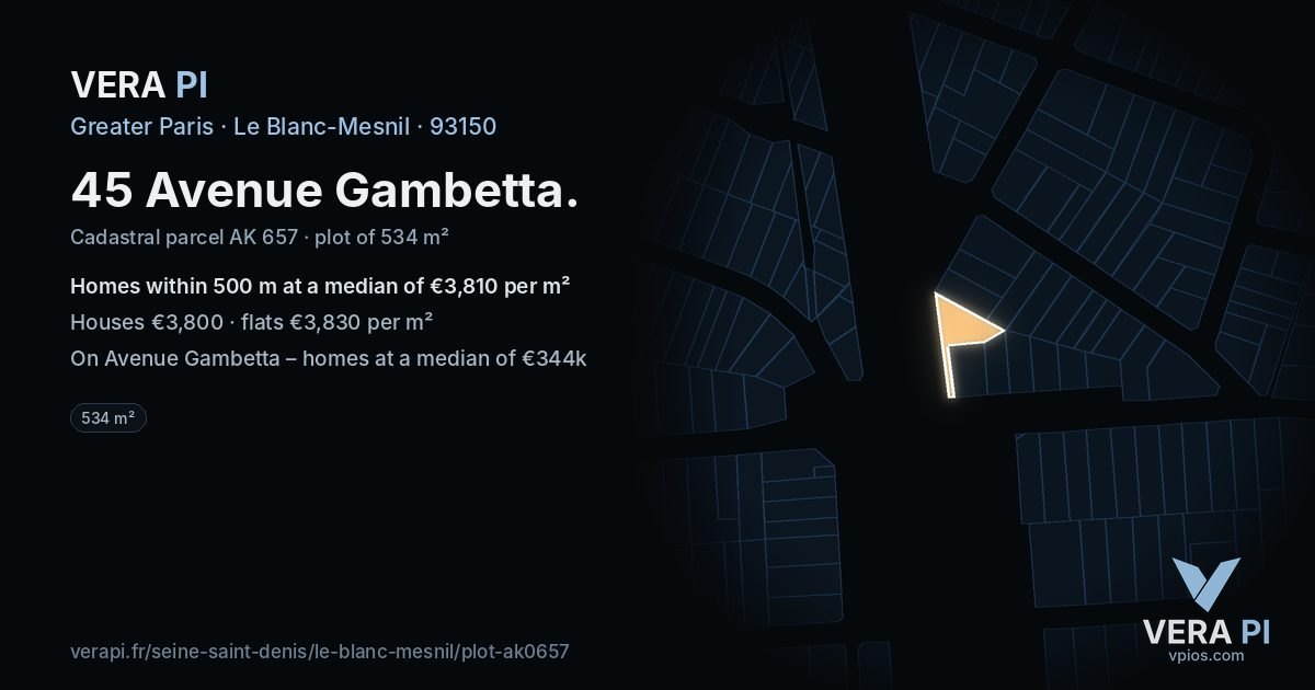 45 Avenue Gambetta, Le Blanc-Mesnil at night – the plot lit, the parcels around coloured by the prices near them