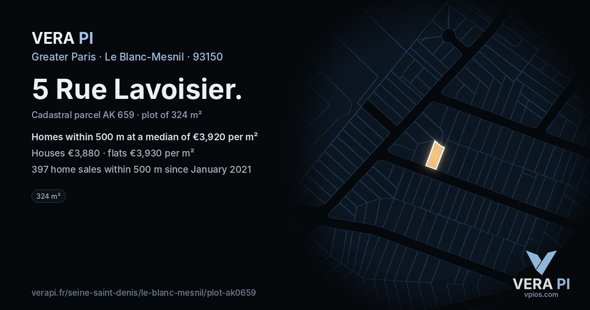 5 Rue Lavoisier, Le Blanc-Mesnil at night – the plot lit, the parcels around coloured by the prices near them